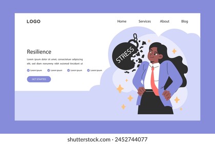 Professional burnout resilience web banner or landing page. Young employee on fire at workplace. Work-life disbalance, burning deadline and stress. Woman under job pressure. Flat vector illustration