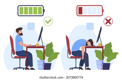 Professional burnout set vector flat illustration. Business male working at home office workplace, man lying desk with lack of energy isolated. Motivation, boring, overload, overwhelmed, workaholism