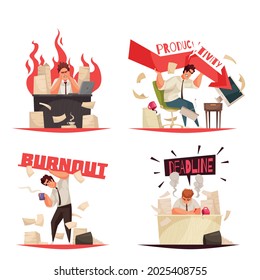 Professional burnout set with work symbols flat isolated vector illustration