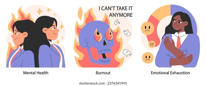 Professional burnout set. Young employee on fire at workplace. Office worker work-life disbalance, burning deadline and stress. Woman and man under job pressure. Flat vector illustration