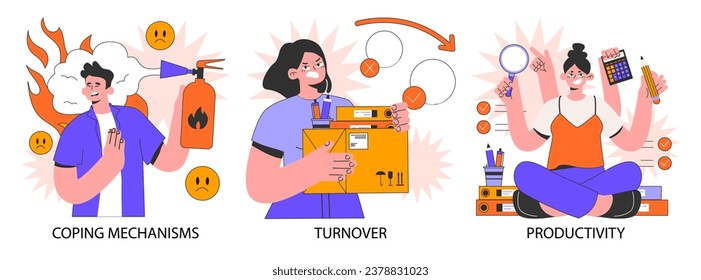 Professional burnout set. Young employee on fire at workplace. Office worker work-life disbalance, burning deadline and stress. Woman and man under job pressure. Flat vector illustration