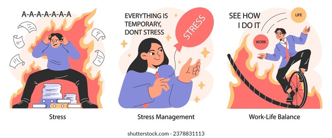 Professional burnout set. Young employee on fire at workplace. Office worker work-life disbalance, burning deadline and stress. Woman and man under job pressure. Flat vector illustration