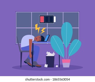 Professional burnout. Sleepy person. Feeling unwell. Vector illustration in a flat style.
