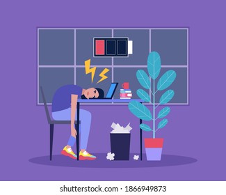 Professional burnout. Sleepy person. Feeling unwell. Vector illustration in a flat style.