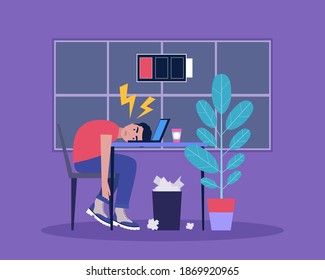 Professional burnout. Sleepy person. Feeling unwell. Vector illustration in a flat style.