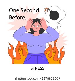 Professional burnout. Stress. Young employee on fire at workplace. Office worker work-life disbalance, burning deadline and stress. Woman under job pressure. Flat vector illustration