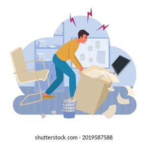 Professional burnout syndrome composition with aggressive male character creating chaos in his office room vector illustration