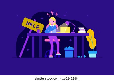 Professional burnout syndrome concept. Exhausted female manager at work sitting at the table in the night with anxiety. Frustrated worker, mental health problems. Flat style vector illustration