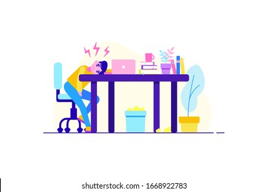 Professional burnout syndrome concept on white background. Exhausted male manager at work sitting at the table with head down and anxiety. Frustrated worker, mental health problems. Flat style vector