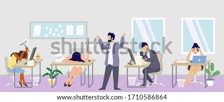 Professional burnout syndrome concept vector flat illustration. Boss with his team characters feeling burned out at work. Exhausted, tired people at workplace. Job burnout, physical and mental health.