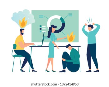 Professional burnout syndrome, Exhausted employees at work, professional help of a psychologist, support, way out of a crisis situation, business concept of overload, fatigue, vector illustration