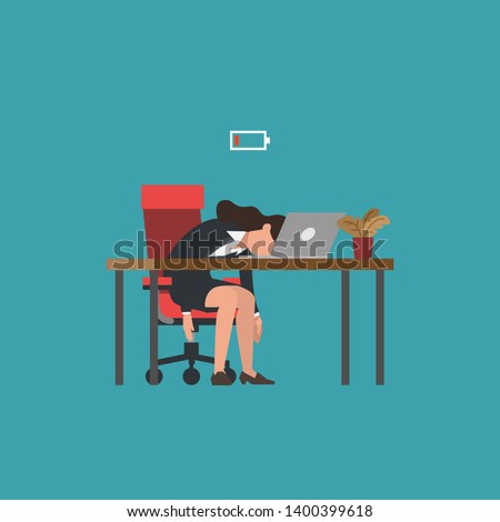 Professional burnout syndrome. Exhausted female manager at work sitting at the table with head down and low battery icon above. Flat vector illustration, business concept of overload, tiredness.