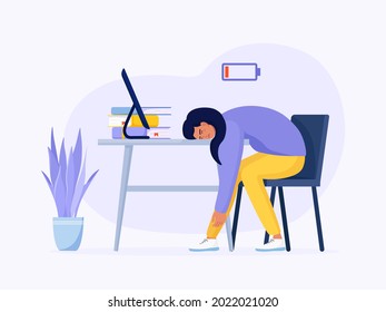 Síndrome de burnout profesional de una muchacha exhausta. Trabajadora cansada sentada en su lugar de trabajo y bajo indicador de carga de energía vital o batería. Larga jornada laboral. Problemas de salud mental, estrés