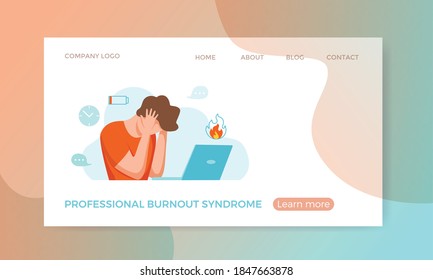 Professional burnout syndrome exhausted man tired sitting at her workplace in office holding her head vector illustration. Concept of emotional burnout, stress, tiredness, mental health problems. 
