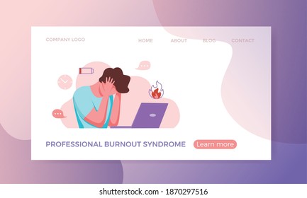Professional burnout syndrome exhausted man tired sitting at her workplace in office holding her head vector illustration. Concept of emotional burnout, stress, tiredness, mental health problems. 