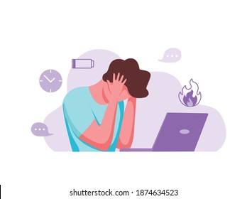 Professional burnout syndrome exhausted man tired sitting at her workplace in office holding her head vector illustration. Concept of emotional burnout, stress, tiredness, mental health problems. 