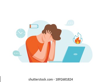 Professional burnout syndrome exhausted man tired sitting at her workplace in office holding her head vector illustration. Concept of emotional burnout, stress, tiredness, mental health problems. 