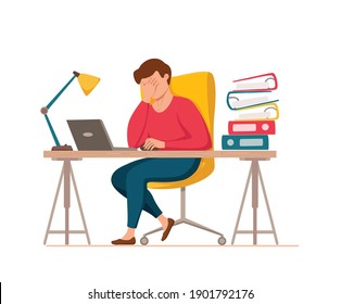 Professional burnout syndrome exhausted man tired sitting at her workplace in office holding her head vector illustration. Concept of emotional burnout, stress, tiredness, mental health problems. 