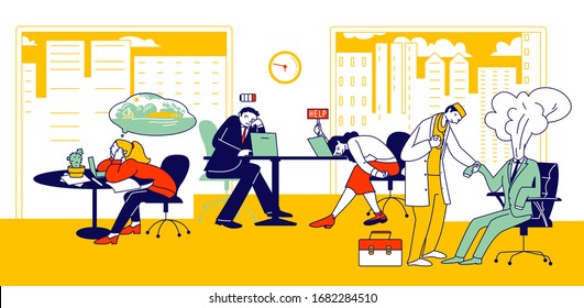 Professional Burnout Syndrome. Exhausted Manager Characters at Work Sitting at Table with Head Down and Low Battery Above. Business Concept of Overload and Tiredness. Linear People Vector Illustration