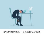 Professional burnout syndrome. Exhausted sick tired male manager in office sad boring sitting with head down on laptop. Frustrated worker mental health problems. Vector long work day illustration