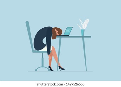 Professional burnout syndrome. Exhausted sick tired female manager in office sad boring sitting with head down on laptop. Vector long work day illustration