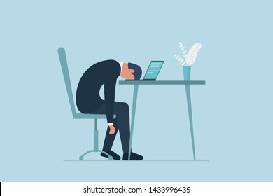 Professional burnout syndrome. Exhausted sick tired male manager in office sad boring sitting with head down on laptop. Frustrated worker mental health problems. Vector long work day illustration