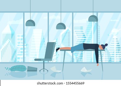 Professional burnout syndrome. Exhausted sick boring female manager in office lies with head down on table. Frustrated worker mental health problems. Vector long work stress day illustration