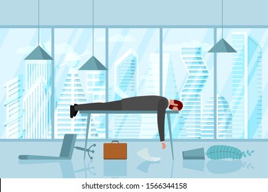 Professional burnout syndrome. Exhausted sick tired male manager in office lies with head down on table. Frustrated worker mental health problems.  