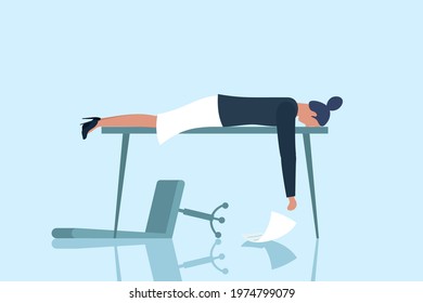 Professional burnout syndrome. Exhausted sick tired female manager sad boring lies with head down on table. Frustrated worker mental health problems. Vector long work stress day illustration