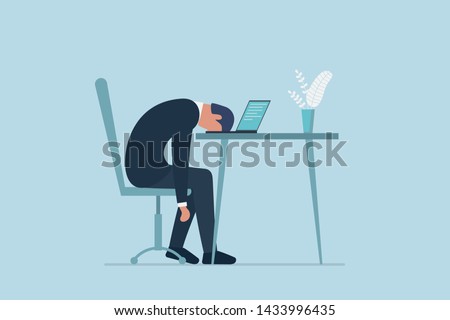Professional burnout syndrome. Exhausted sick tired male manager in office sad boring sitting with head down on laptop. Frustrated worker mental health problems. Vector long work day illustration
