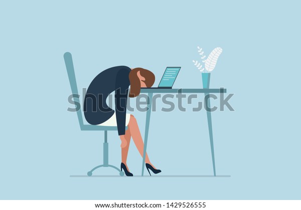 プロ燃え尽き症候群 疲れ果てた疲れ果てたオフィスの女性マネジャーは ノートパソコンの上に頭を下げて座って退屈している悲しい ベクター画像の長い稼働日の イラスト のベクター画像素材 ロイヤリティフリー