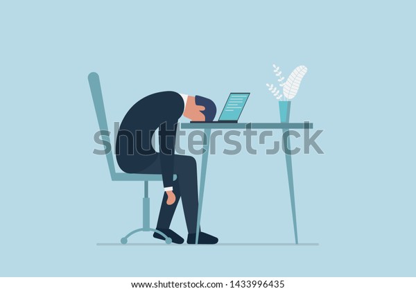 Professional burnout syndrome. Exhausted\
sick tired male manager in office sad boring sitting with head down\
on laptop. Frustrated worker mental health problems. Vector long\
work day\
illustration
