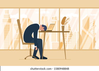 Professional burnout syndrome. Exhausted tired male employee in office sad boring sitting head down on laptop. Frustrated worker man mental health problems. Vector long work stress day illustration