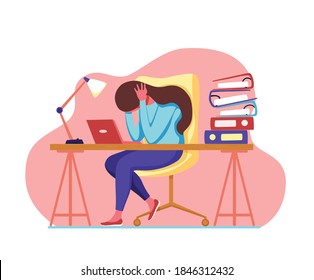 Professional burnout syndrome exhausted woman tired sitting at her workplace in office holding her head vector illustration. Concept of emotional burnout, stress, tiredness, mental health problems. 