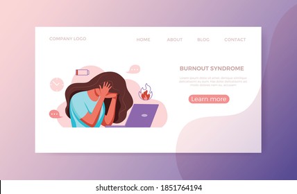 Professional burnout syndrome exhausted woman tired sitting at her workplace in office holding her head vector illustration. Concept of emotional burnout, stress, tiredness, mental health problems. 