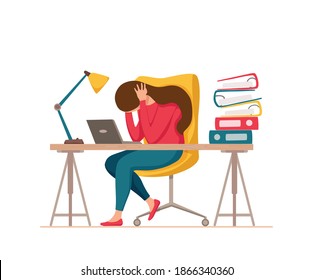 Professional burnout syndrome exhausted woman tired sitting at her workplace in office holding her head vector illustration. Concept of emotional burnout, stress, tiredness, mental health problems. 