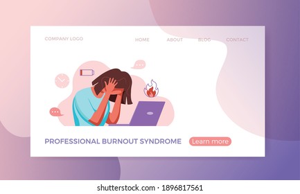 Professional burnout syndrome exhausted woman tired sitting at her workplace in office holding her head vector illustration. Concept of emotional burnout, stress, tiredness, mental health problems. 