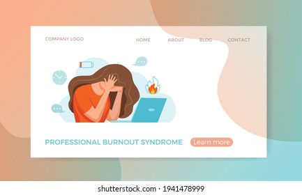 Professional burnout syndrome exhausted woman tired sitting at her workplace in office holding her head vector illustration. Concept of emotional burnout, stress, tiredness, mental health problems. 