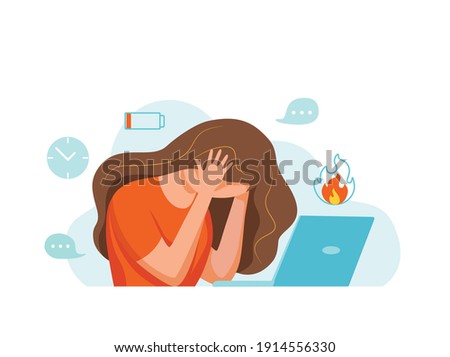 Professional burnout syndrome exhausted woman tired sitting at her workplace in office holding her head vector illustration. Concept of emotional burnout, stress, tiredness, mental health problems. 