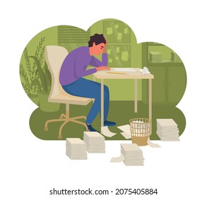 Professional burnout syndrome flat illustration with tired male character sitting at desk and supporting head with his hand vector illustration