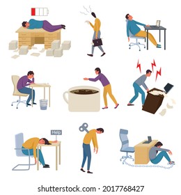 Professional burnout syndrome flat set of tired unhappy depressed stressed sleeping at workplace people isolated vector illustration