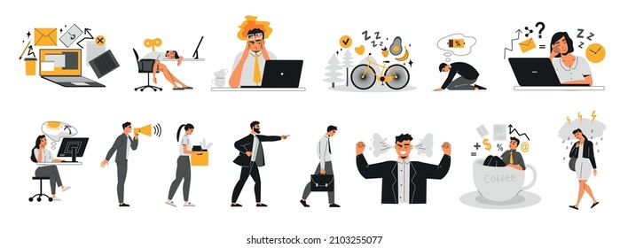 Professional burnout syndrome flat set aggressive or exhausted male and female characters tired from work isolated vector illustration