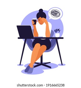 Professional burnout syndrome. Frustrated worker, mental health problems. Vector illustration in flat style.