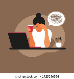 Professional burnout syndrome. Frustrated worker, mental health problems. Vector illustration in flat style.