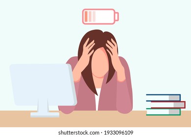 Professional burnout syndrome has plagued a tired woman sitting at her desk, holding her head vector illustrations. The concept of emotional burnout, stress, fatigue, mental health problems.