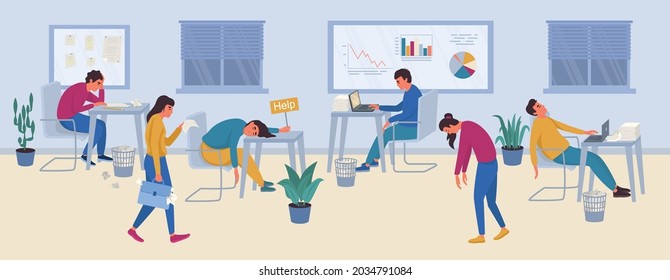 Professional burnout syndrome horizontal background with tired employees sleeping at their office workplaces vector illustration