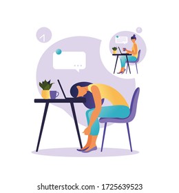 Professional burnout syndrome. Illustration with happy and tired female office worker sitting at the table. Frustrated worker, mental health problems. Vector illustration in flat style. 