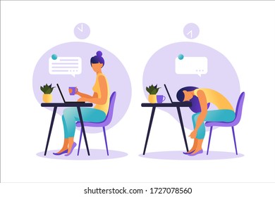 Professional burnout syndrome. Illustration with happy and tired female office worker sitting at the table. Frustrated worker, mental health problems. Vector illustration in flat style. 