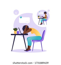 Professional burnout syndrome. Illustration with happy and tired african american female office worker sitting at the table. Frustrated worker, mental health problems. Vector illustration in flat. 