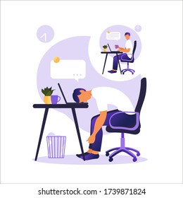 Professional burnout syndrome. Illustration with happy and tired office worker sitting at the table. Frustrated worker, mental health problems. Vector illustration in flat. 